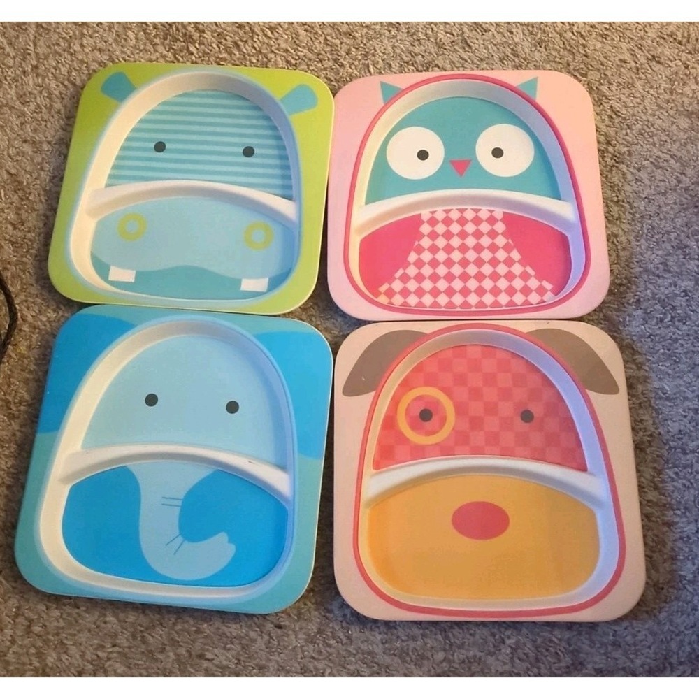 Skip Hop Zoo Owl, Hippo, Elephant, Dog Divided Melamine Toddler Dinner  Plates